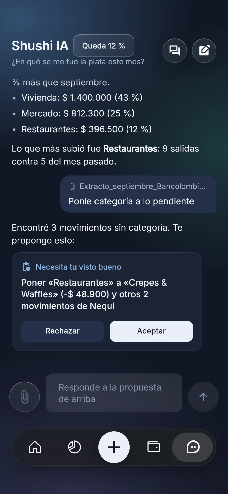 Chat de IA de Shushi respondiendo en qué se fue la plata del mes y proponiendo categorizar tres movimientos, con botones Rechazar y Aceptar.