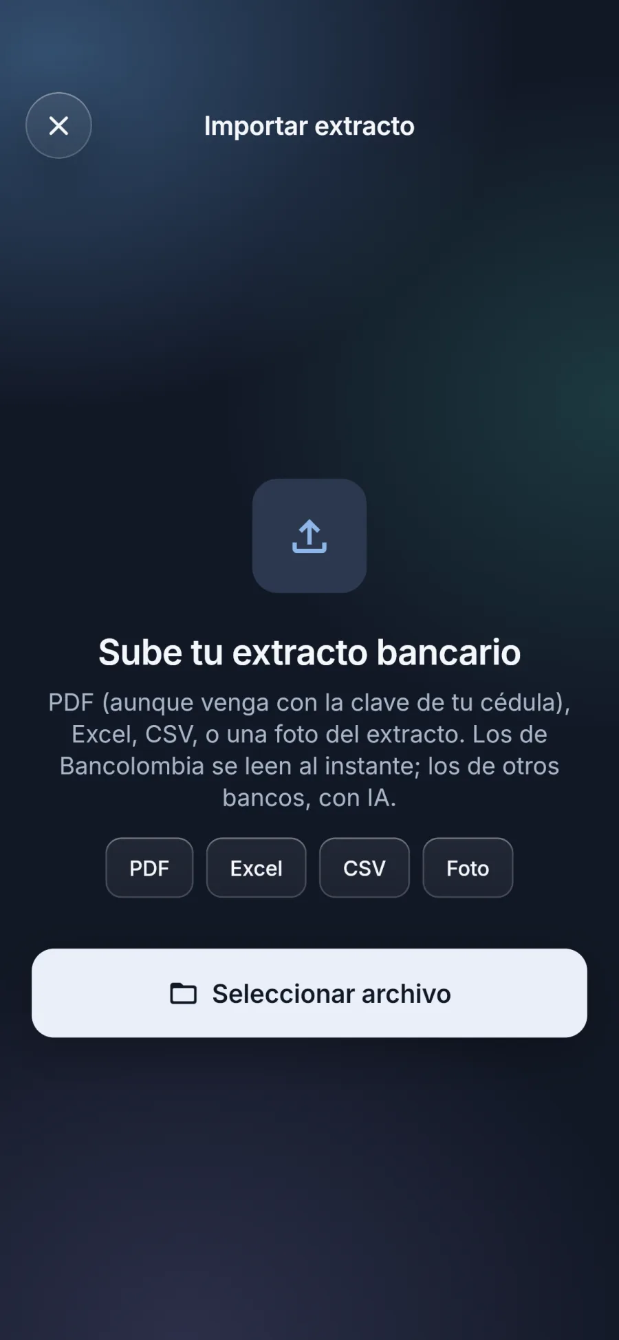 Pantalla Importar extracto de Shushi, que acepta PDF, Excel, CSV o una foto del extracto.