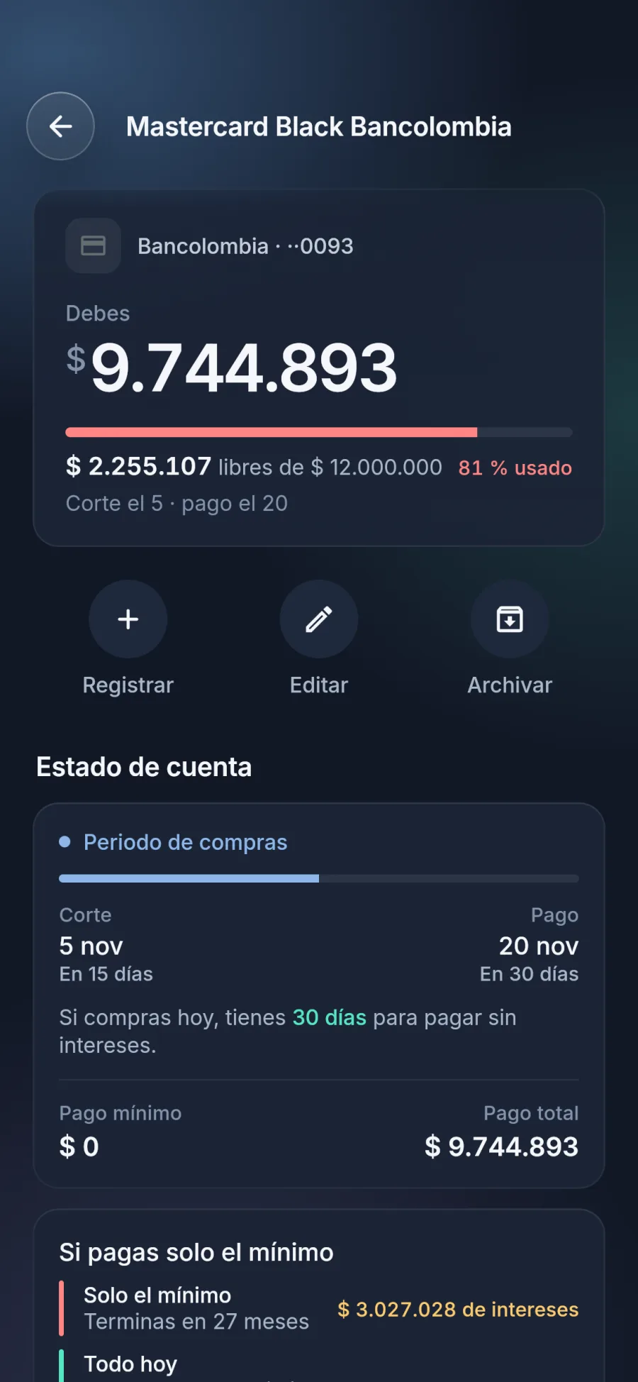 Detalle de una tarjeta Mastercard Black en Shushi: debes $9.744.893, cupo libre de $2.255.107, corte el 5 y pago el 20, y el aviso de que pagando solo el mínimo terminas en 27 meses con $3.027.028 de intereses.