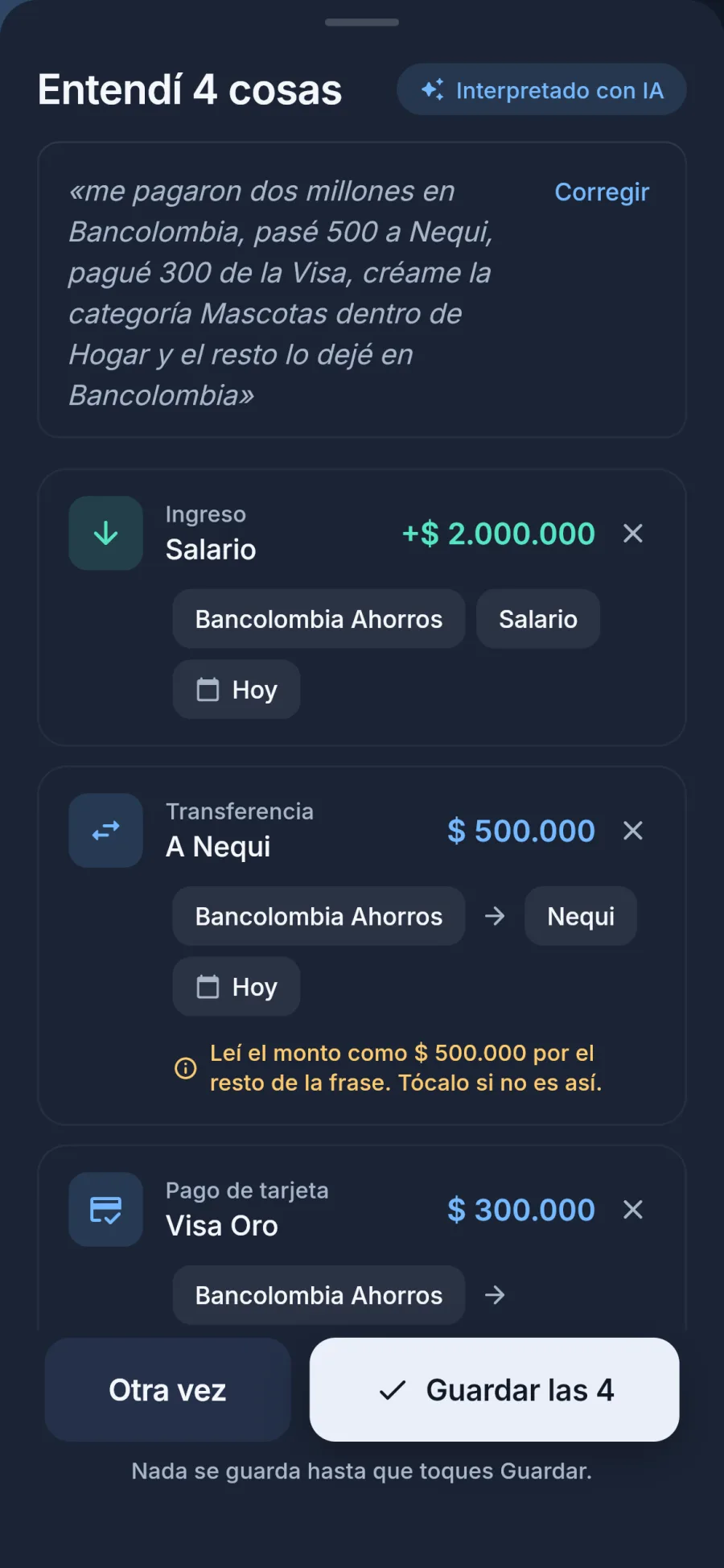 Shushi entendió una frase dictada y la convirtió en varios movimientos: un salario de $2.000.000, una transferencia de $500.000 a Nequi y un pago de $300.000 a la tarjeta.